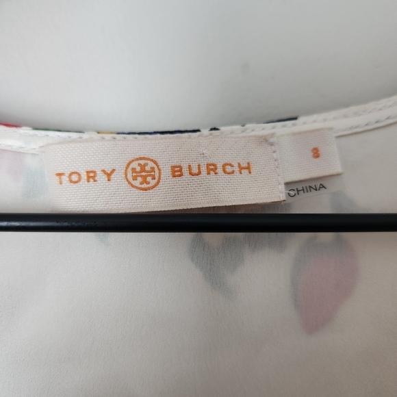 Tory Burch | 100% Silk Printed Wrap Dress with Belt in Ivory Tea Rose - Size 8 - Picture 14 of 16